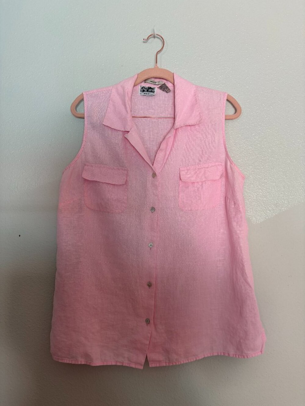 edward | Pink Two-Pocket Irish Linen Sleeveless Button Down Blouse Large